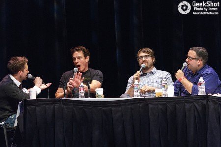 The Nerdist hosts with John Barrowman at the 2012 live show.