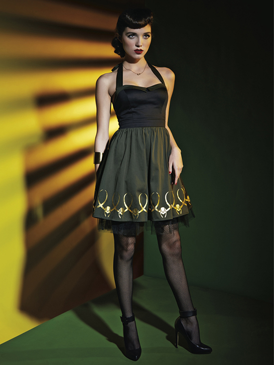 Part of the Marvel by Her Universe collection designed by last year's fashion show winner, Amy Beth Christenson, with Her Universe, is this Loki Halter Dress available next month exclusively at Hot Topic.