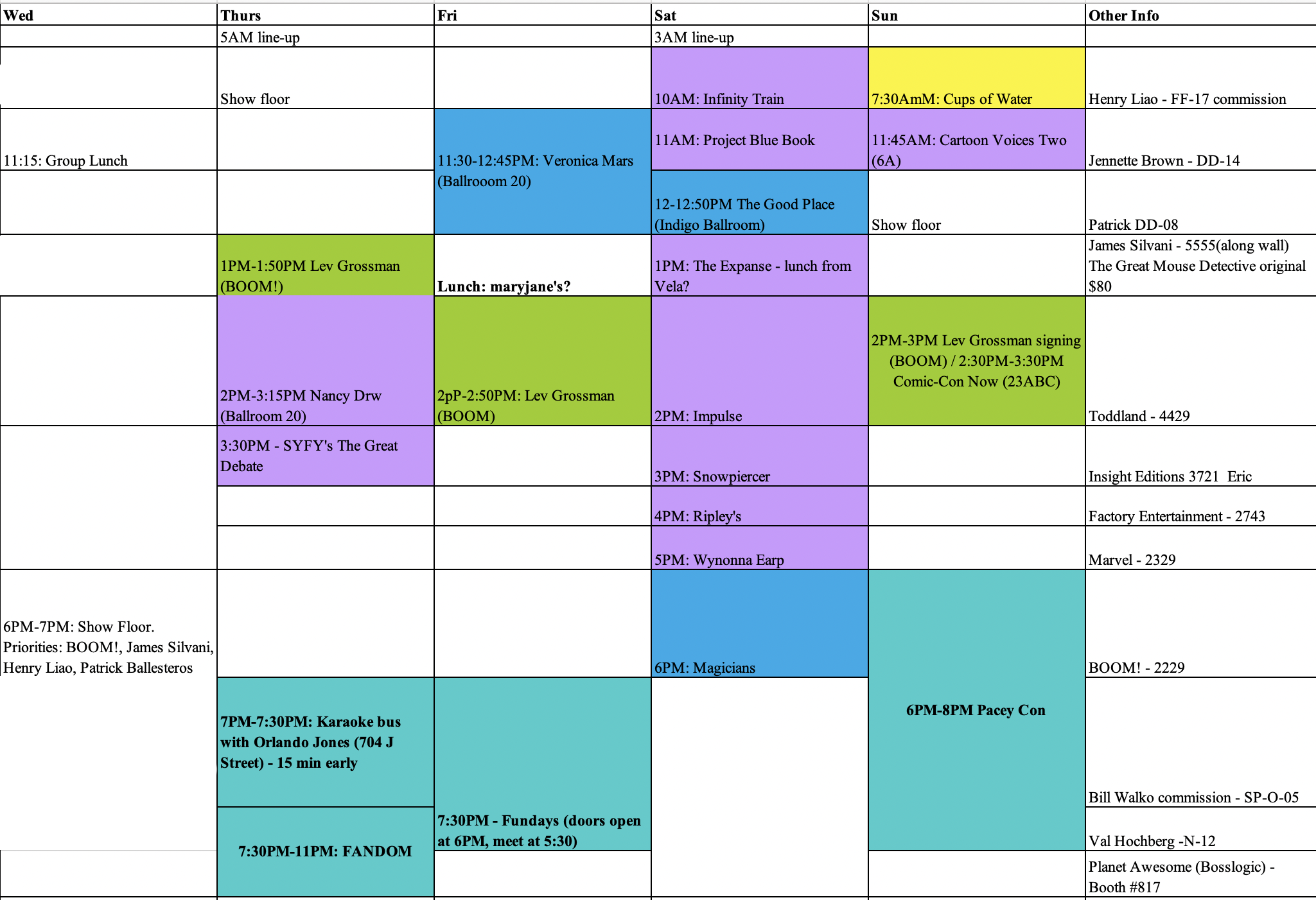 San Diego ComicCon Prep Schedules & Spreadsheets San Diego Comic