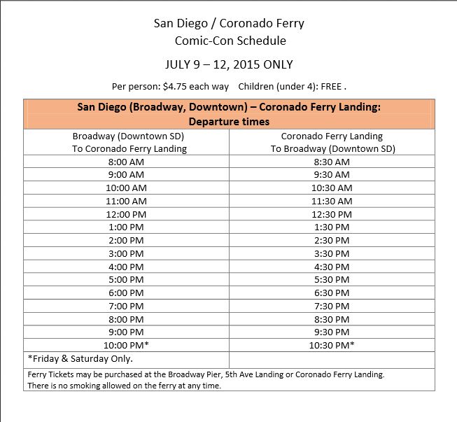 Ferry Schedule - Broadway, Downtown Departure Times