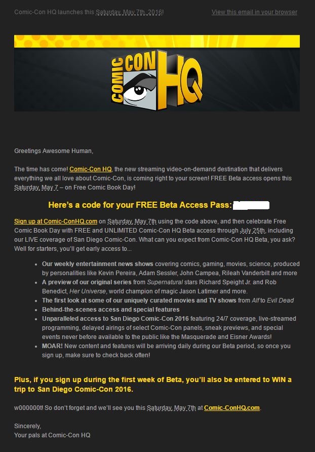 cchq comic-con hq beta code update contest email