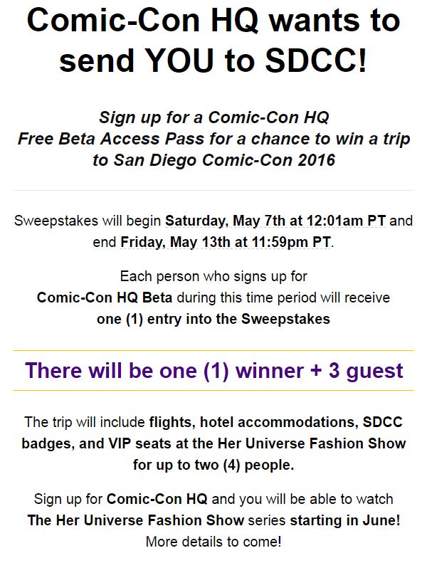 CCHQ Her Universe SDCC win a trip 2016 fashion show comic-con hq