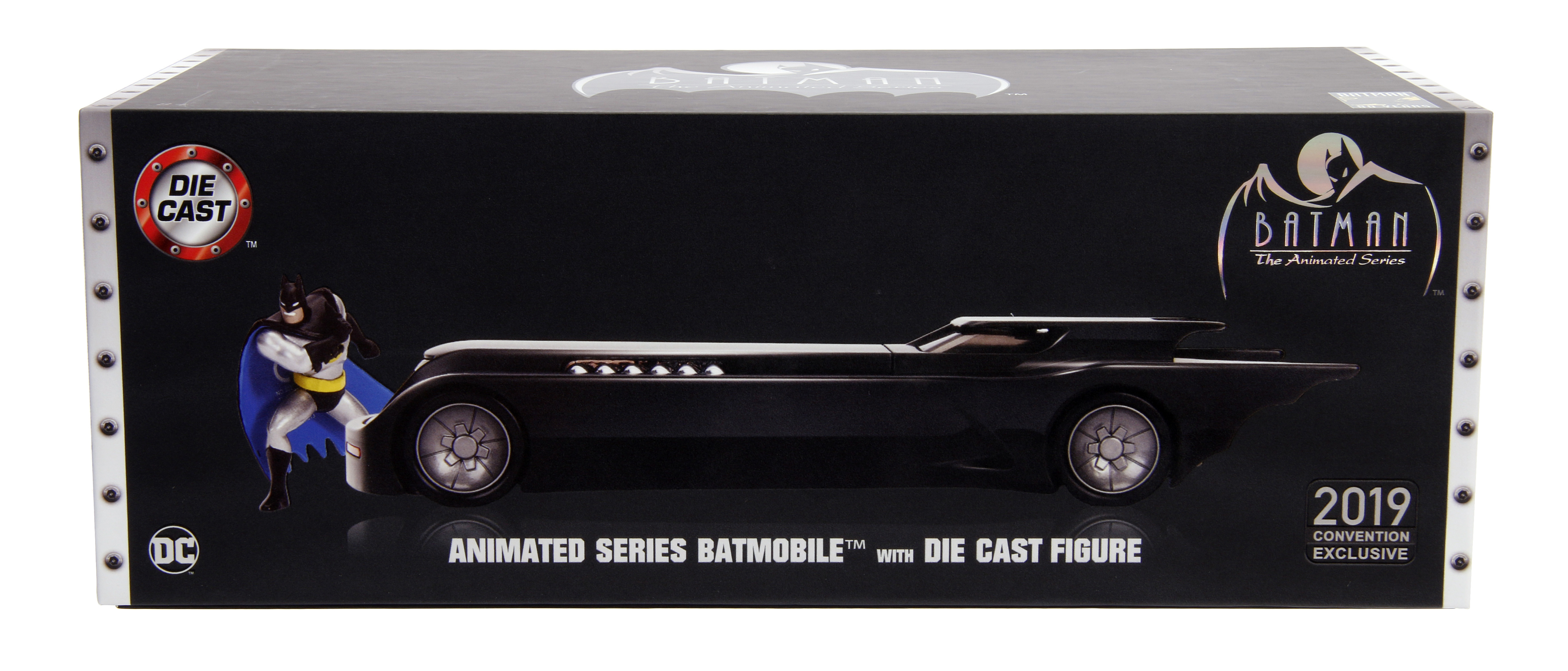 Chrome Batmobile with Batman Diecast Figurine Animated Series DC Comics 2019 San Diego Comic Con Exclusive Limited Edition 1/24 Diecast Model Car by Jada
