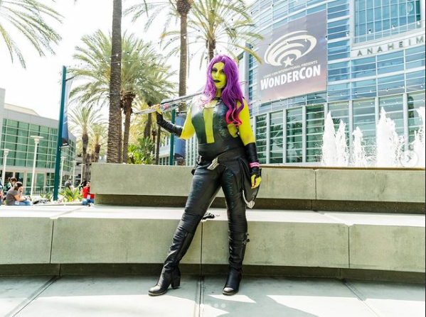 Gamora cosplayer standing in front of the Anaheim Convention Center